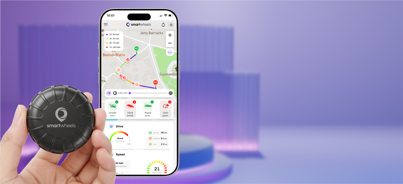SmartWheels Magnetic Tag Hardware paired with Mobile App Telematics Dashboard