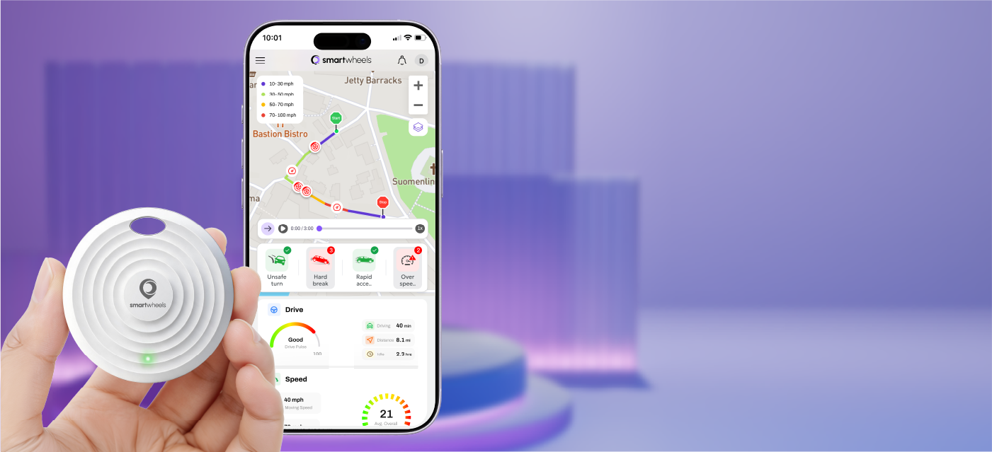 SmartWheels hardware tag paired with mobile app screen